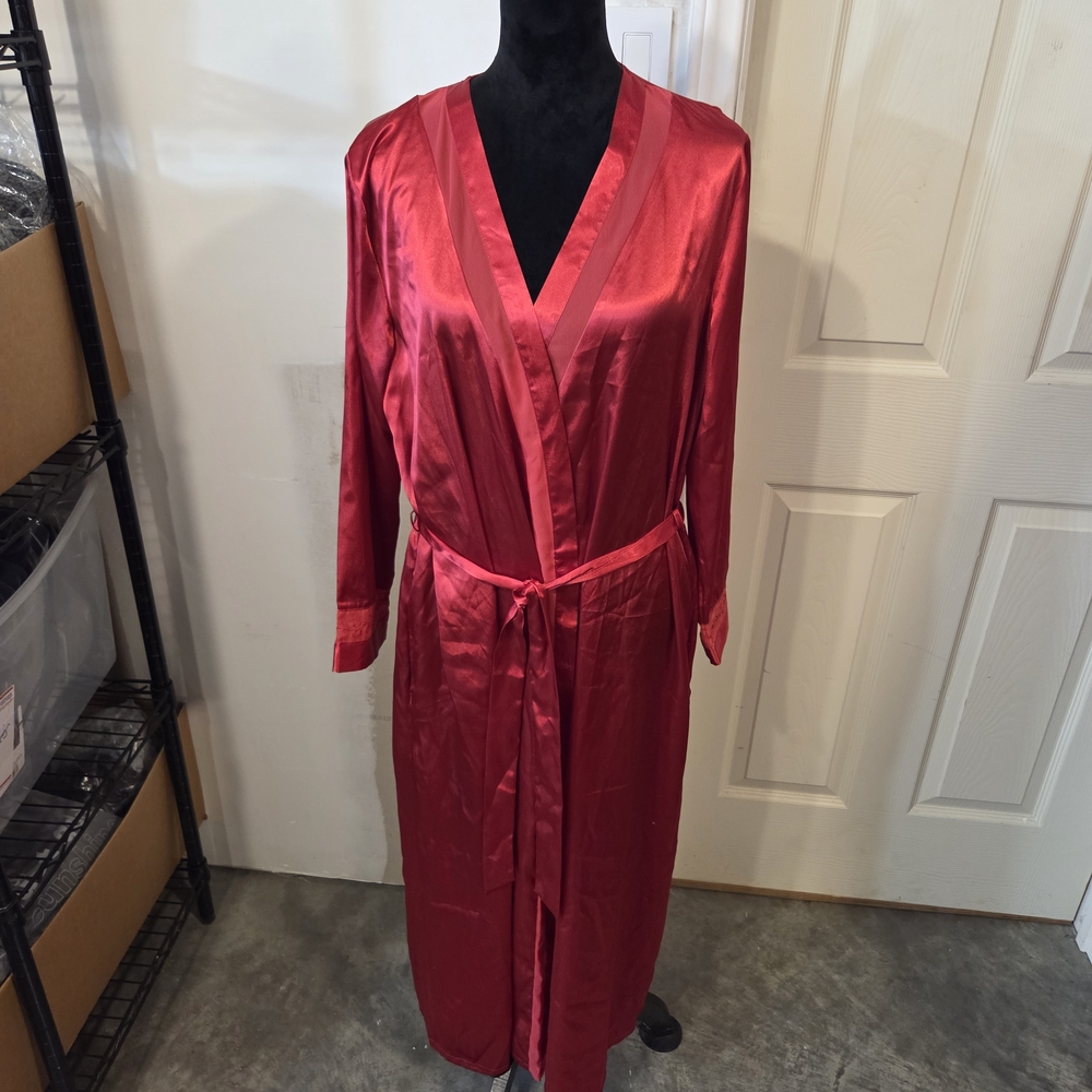 Enchanting Satin ROBE MAXI belted Embroidered Luxurious Scarlet Pockets Womens M
